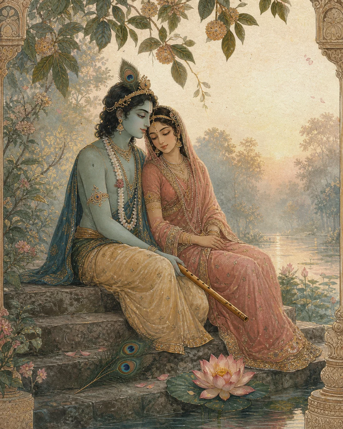 Radha and Krishna seated together at dawn with a flute, lotus, and peacock feathers