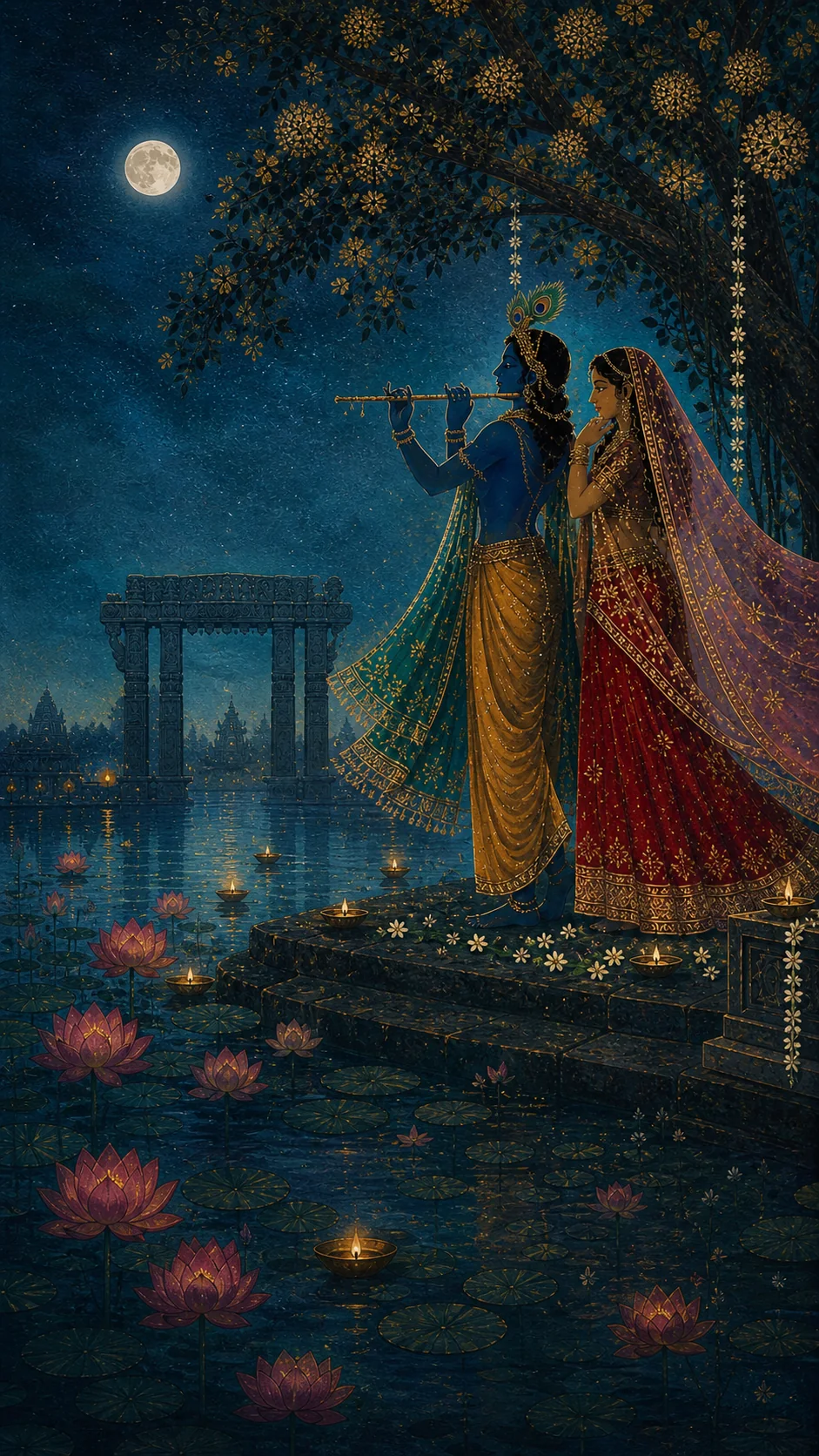 Radha and Krishna beneath a moonlit kadamba tree beside a Kakatiya gateway